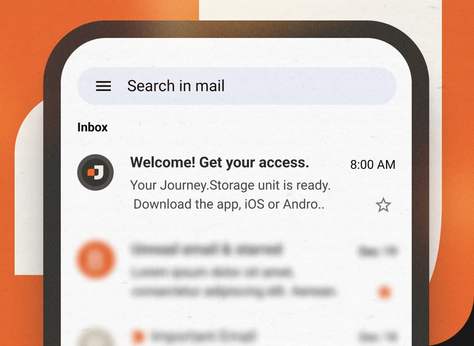 Welcome email with the storage gate access code