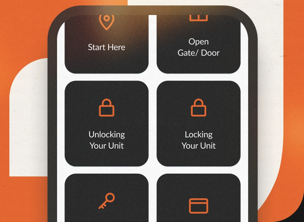 App controls to open the gate and lock or unlock a storage unit