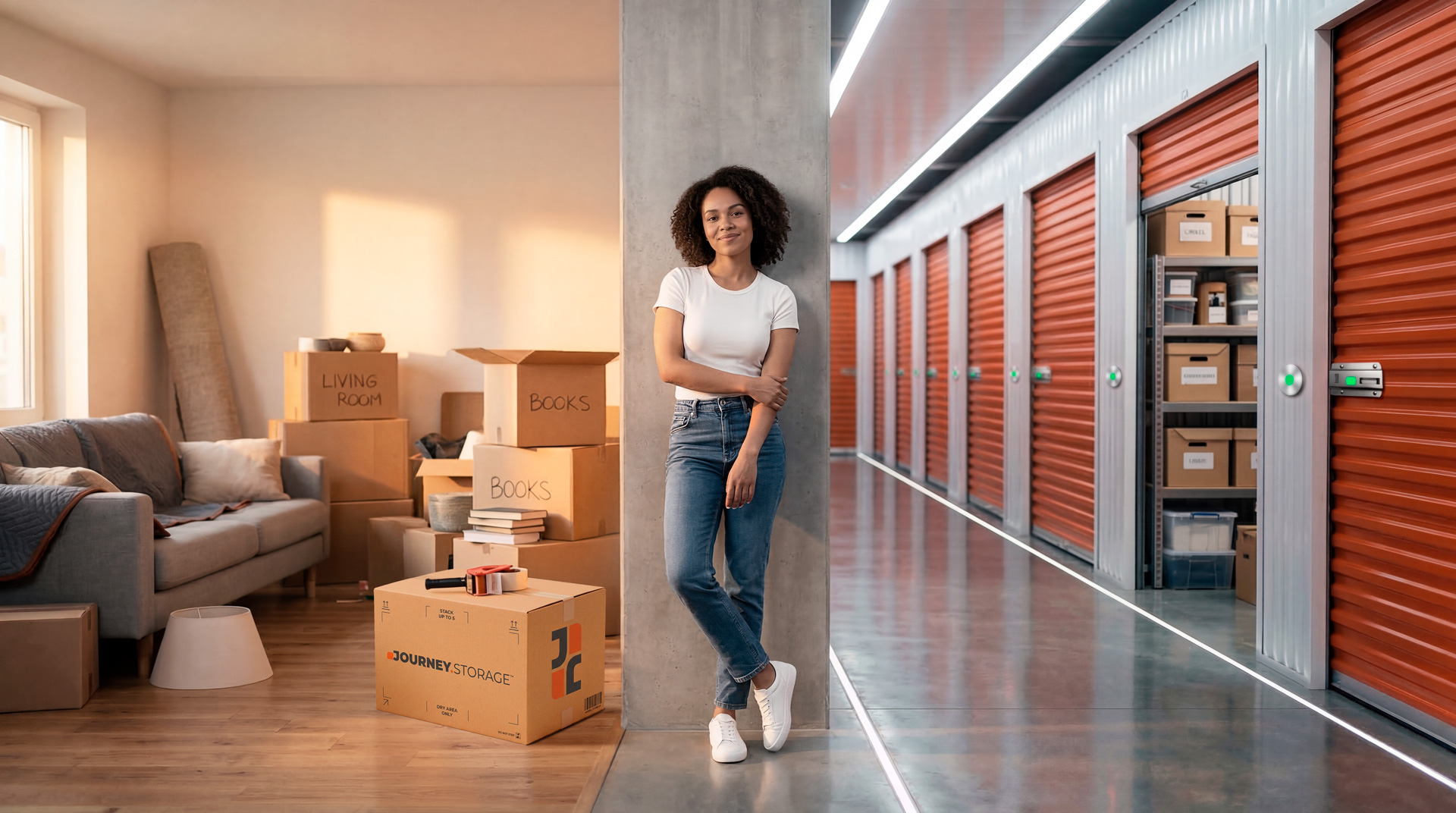 A woman standing at the threshold between her apartment and a modern storage facility